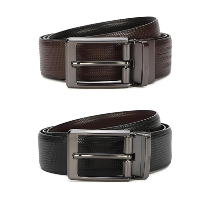 Men Textured Reversible Formal Italian Leather with Matt Gun Metal Buckle Belt